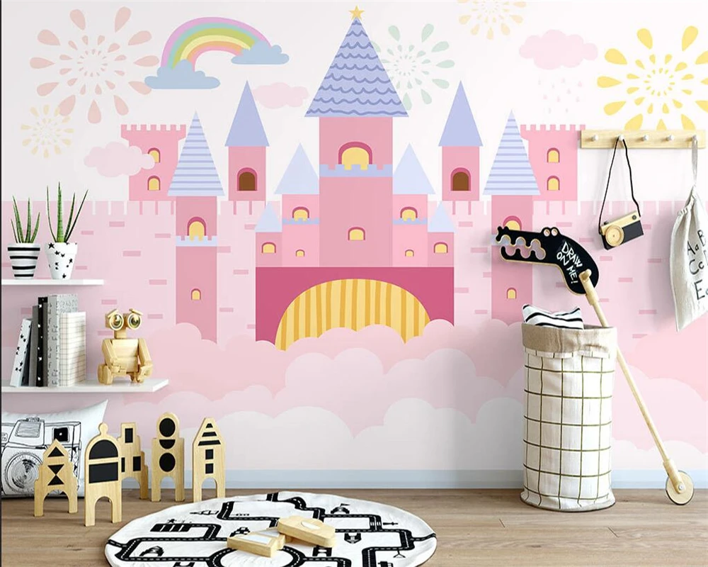 beibehang Custom modern nordic hand-painted pink rainbow building princess papier peint children's room background wallpaper