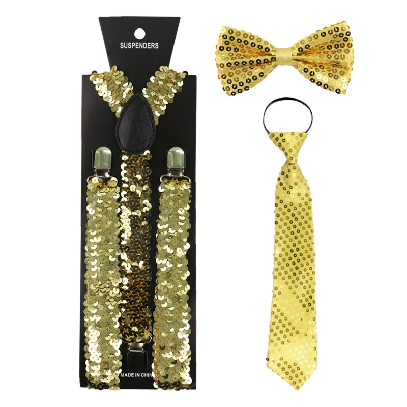 HUOBAO New Fashion Shinny Suspenders For Women Gold Sliver Metallic Shinny Sequin Bowtie And Necktie Brace For Party