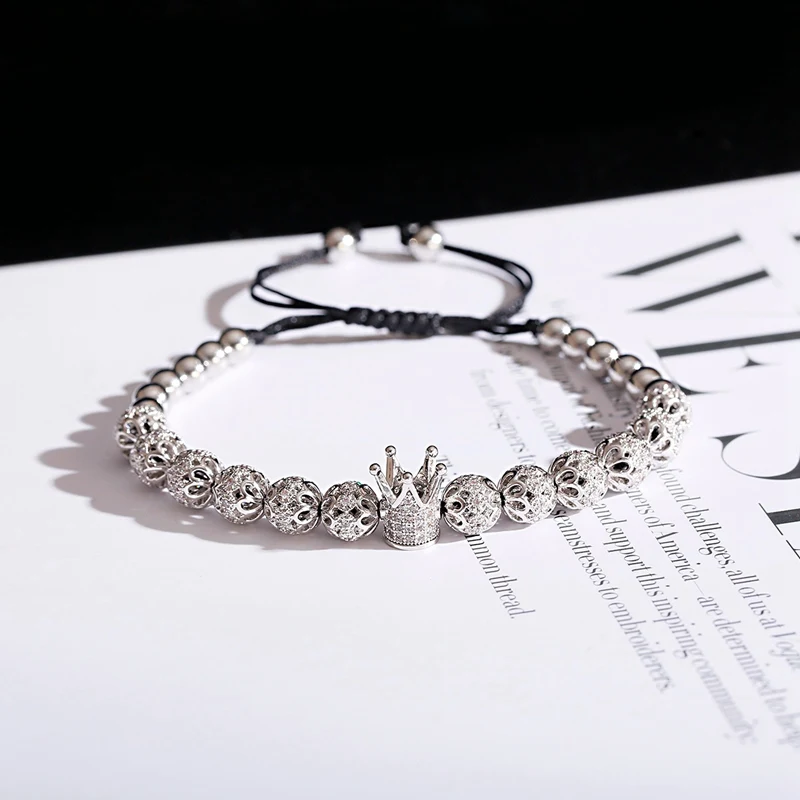 Luxury White CZ Crown Braided Bracelet Fashion Gold Color Carved Flower Copper Beads Bracelet Pulseira Masculina