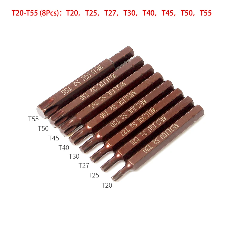 1 Set 8mm Hex Shank Electric/Hand S2 Steel Impact Duty Screw Driver 80mm Long Bits Set PH1-PH4, SL5-SL10, H3-H8,T20-T55 Bit Tool