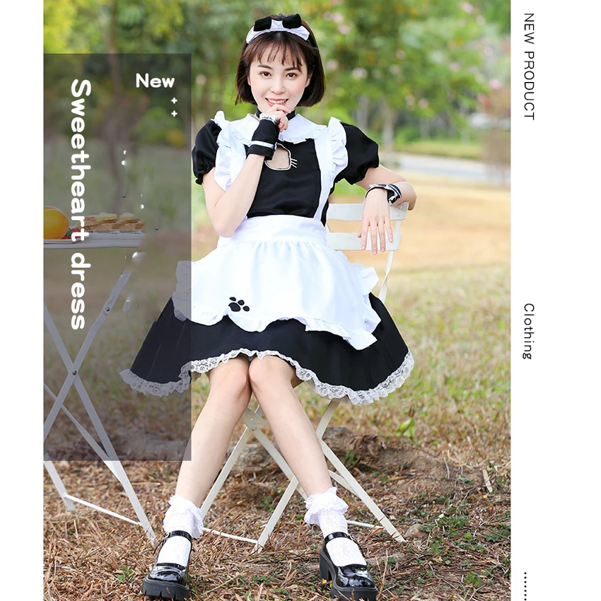 Lolita Dress Japanese Maid Cosplay Costumes Women Girls Sexy Lady Cat Paw Print Hollow Out Dresses Anime Role-play Black White