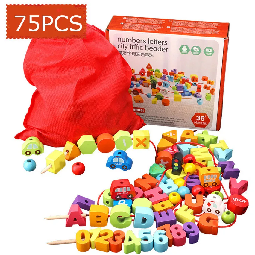 

75Piece Wooden Urban Traffic Number Letter Beaded Rope Game Toy Educational Stringing Threading Beads Puzzle Toys for Children