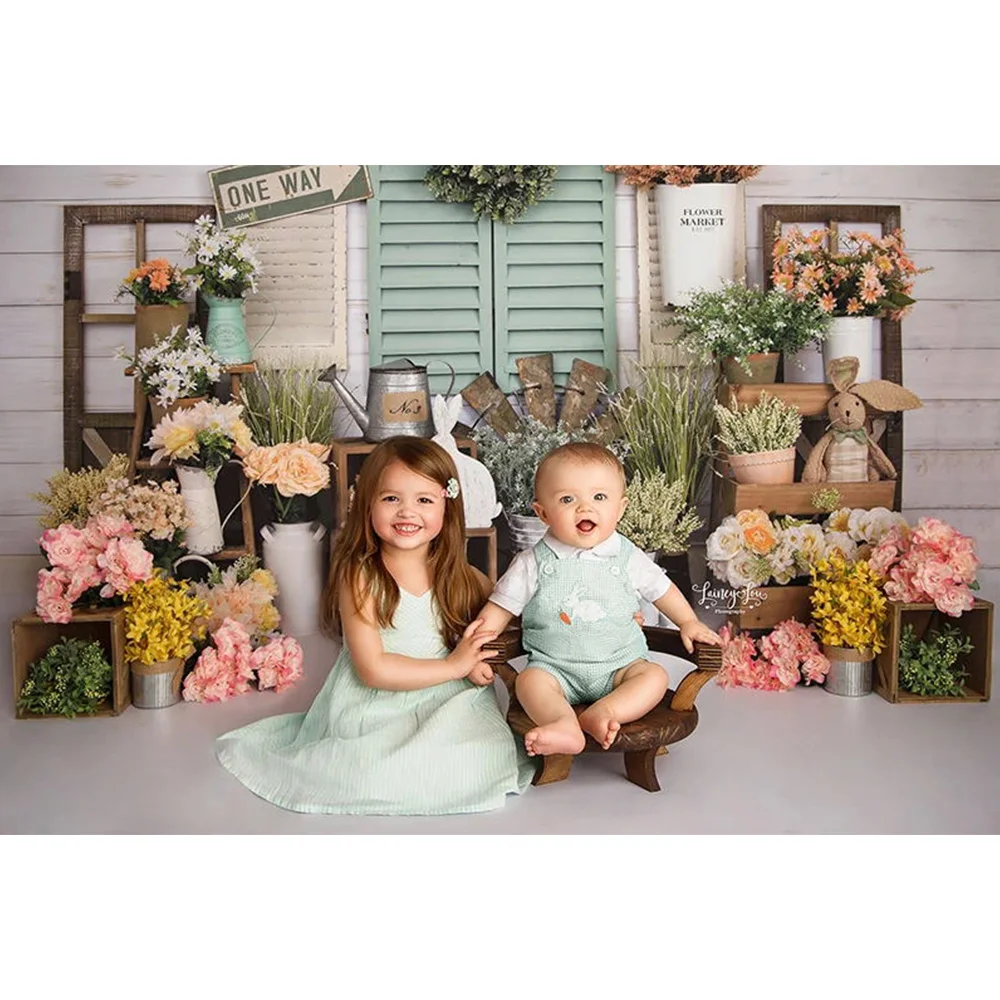 خلفية تصوير لسوق زهور الربيع، خلفية زهرية على شكل أرنب عيد الفصح، خلفية صورة للأطفال، لوحة خشبية من العشب الأخضر للتصوير الفوتوغرافي