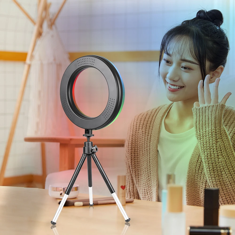 6-дюймовый светодиодный кольцевой светильник RGB для селфи, видеокольцевая лампа со штативом, USB-разъем, 15 цветов, 3 модели для YouTube, живого макияжа, фотографии