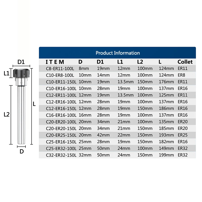 Collet Chuck Holder CNC Milling Tool Collet C8/C10/C12/C16/C20/C25/C32 ER8 ER11 ER16 ER20 ER25 ER32 CNC Lathe Tool Holder