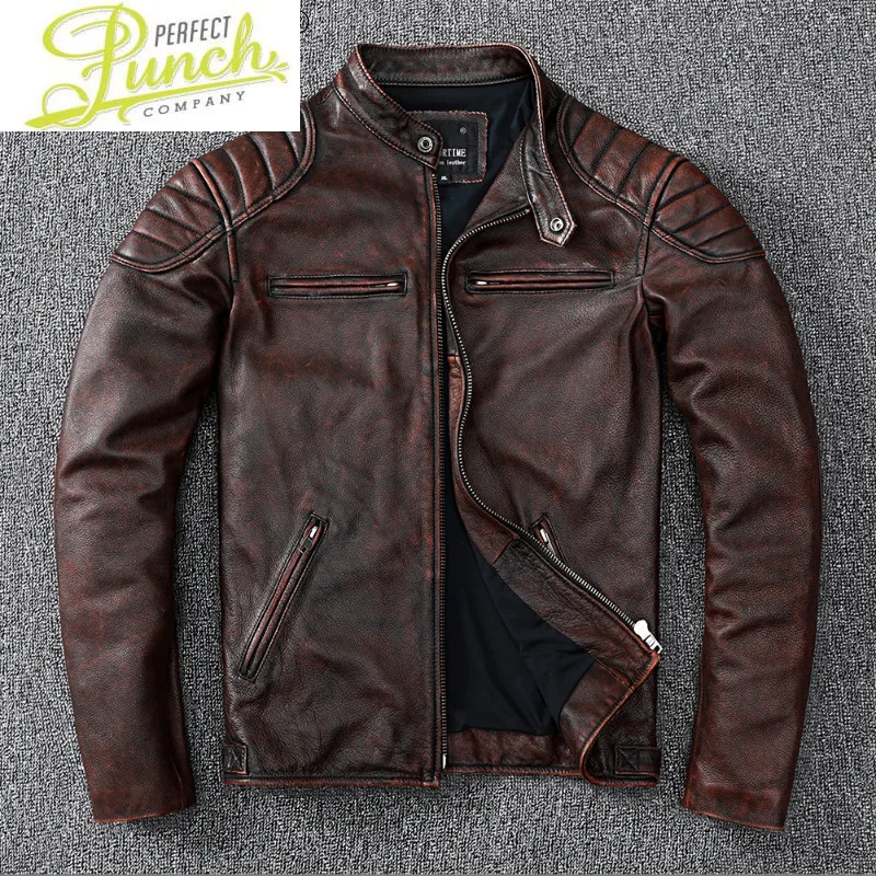 

Real 2021 Genuine Leather Jacket Men Stand Collar Vintage Cow Leather Coat Motorcycle Women's Clothing Chaquetas Hombre WPY3366