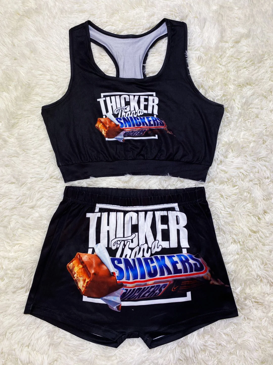 Women\'s Shorts Sets Snickers Juicy Snacks Tracksuit Tank Top + High Waist Shorts Work Out Two Piece Set Women Wholesale Items