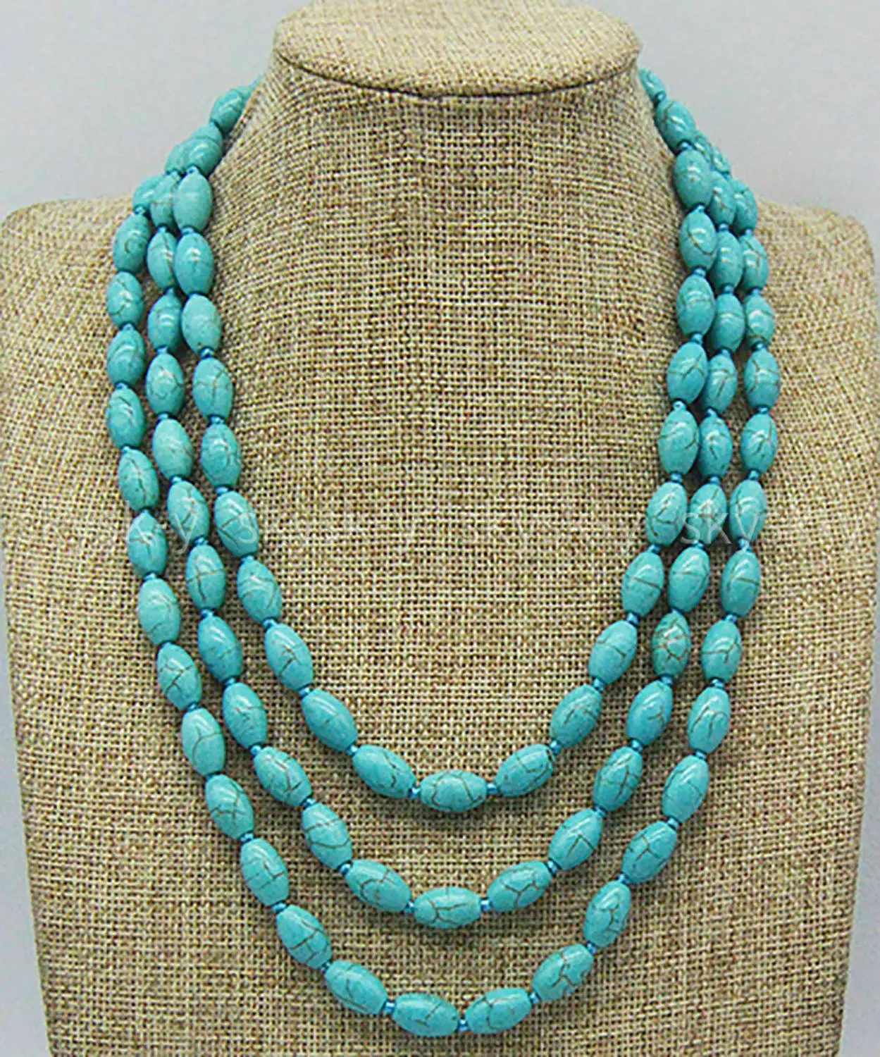 

Fashion 3 Rows 6mm & 8x12mm Blue Turquoise Round Rice Gemstone Necklace 18-20''