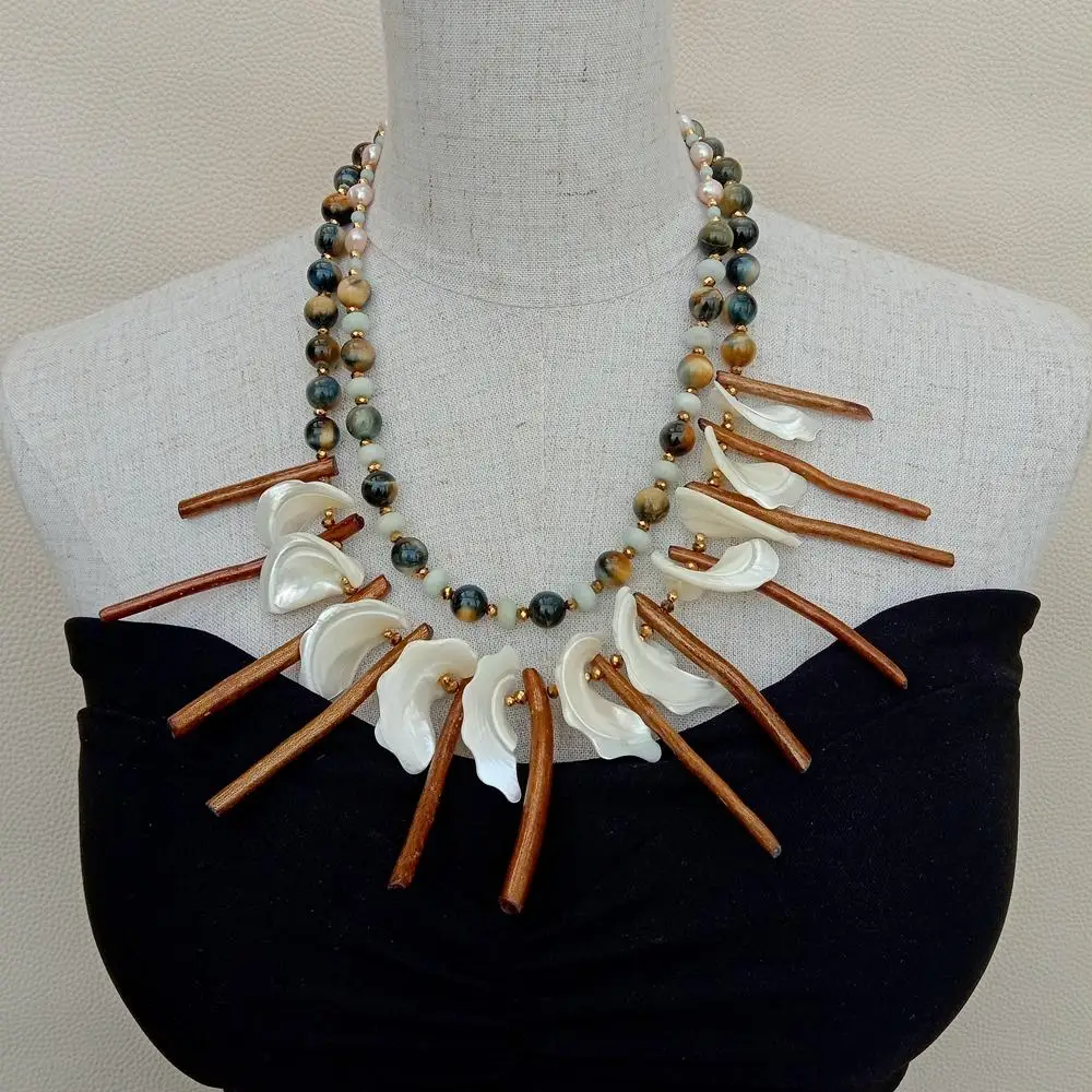 Purple Baroque Pearl Tiger Eye White Shell Coral Necklace