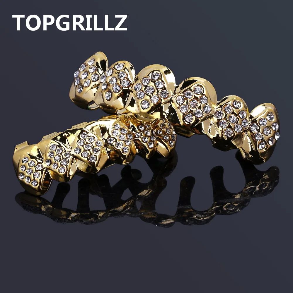 TOPGRILLZ Hip Hop Teeth Grillz New Iced Out Crystal Top & Bottom Gold Teeth Grills Set Halloween Christmas Gift