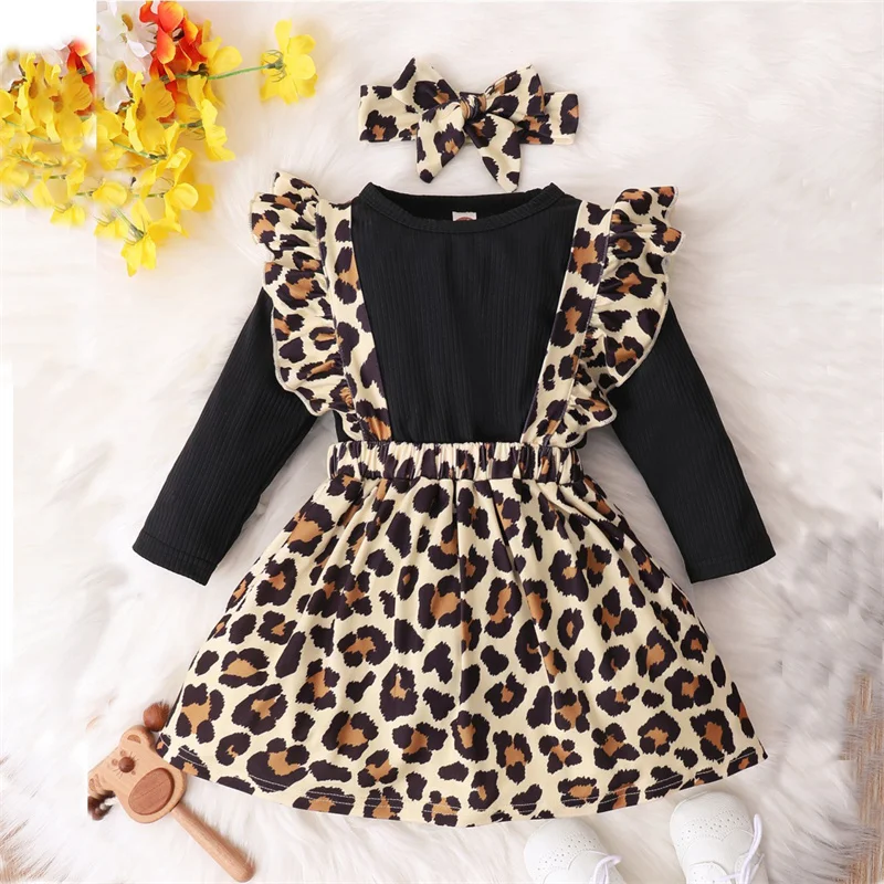 

Cute Baby Girl Clothes for Newborn Solid Knitted Bodysuits Leopard Print Suspender Skirts Outfits Baby Clothing Toddler Girl Set