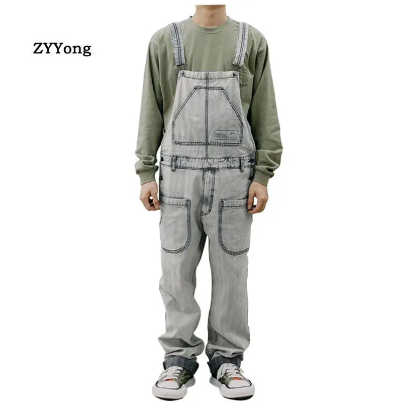 2021 Fashion Jeans Overalls Men's Denim Jumpsuits High Street Straight Loose Hip Hop Cargo Bib Pants Cowboy Blue Trousers