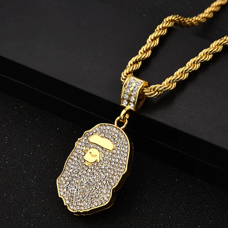 Rhinestone Necklace Ice Out Cubic Zircon Ape Head Pendant Hip Hop Gold Silver Color Men Charm Chain Jewelry