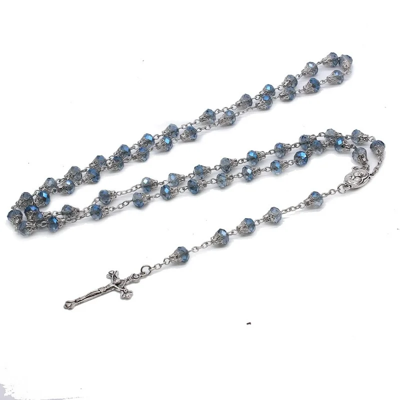 Glass Crystal Religious Rosary Round Beads Cross Virgin Mary Fashion Rosary Cross Necklace Catholic Religious Necklace Jewelry