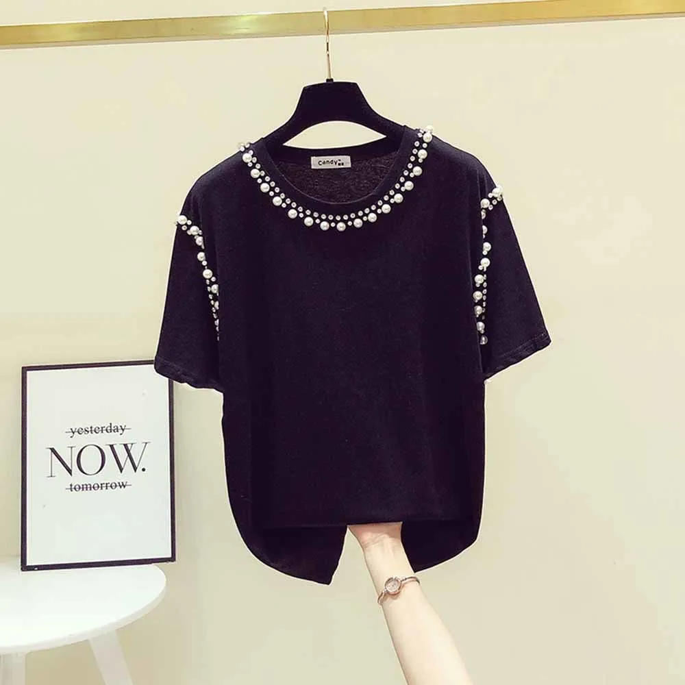 Pearls beading O-neck cotton short sleeve t shirt women elegant white tee shirt femme Korean modis tops 2022 new summer tshirt