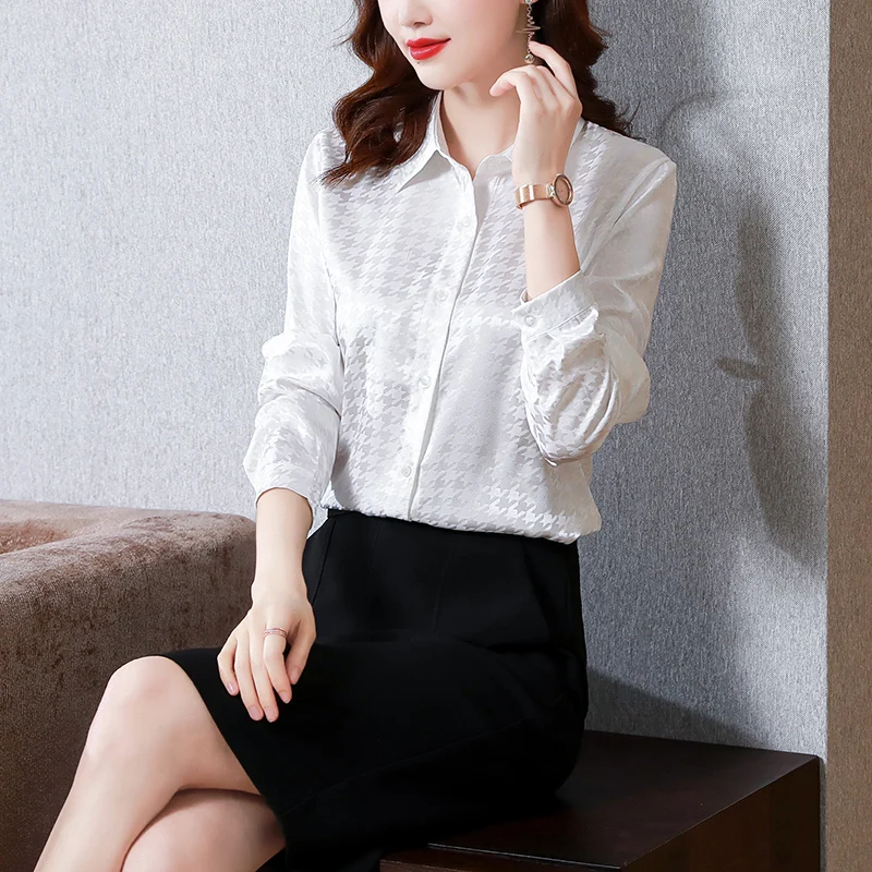 Fashion Party Houndstooth Satin Silk Shirt Women\'s Plaid Blouse Elegant Office Ladies Work Shirt Spring Autumn Long Sleeve Tops