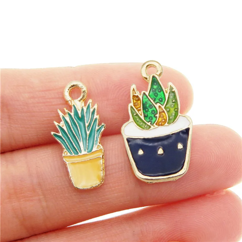 Julie Wang 10PCS Enamel Potted Plants Cactus Aloe Charms Bracelet Necklace Decor Pendant DIY Jewelry Making Findings Accessory