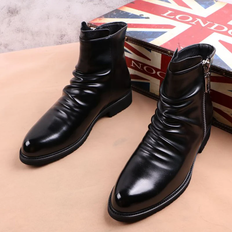 Korean style mens casual cowboy boots black natural leather shoes spring autumn boot ankle botas masculinas zapatos de hombre