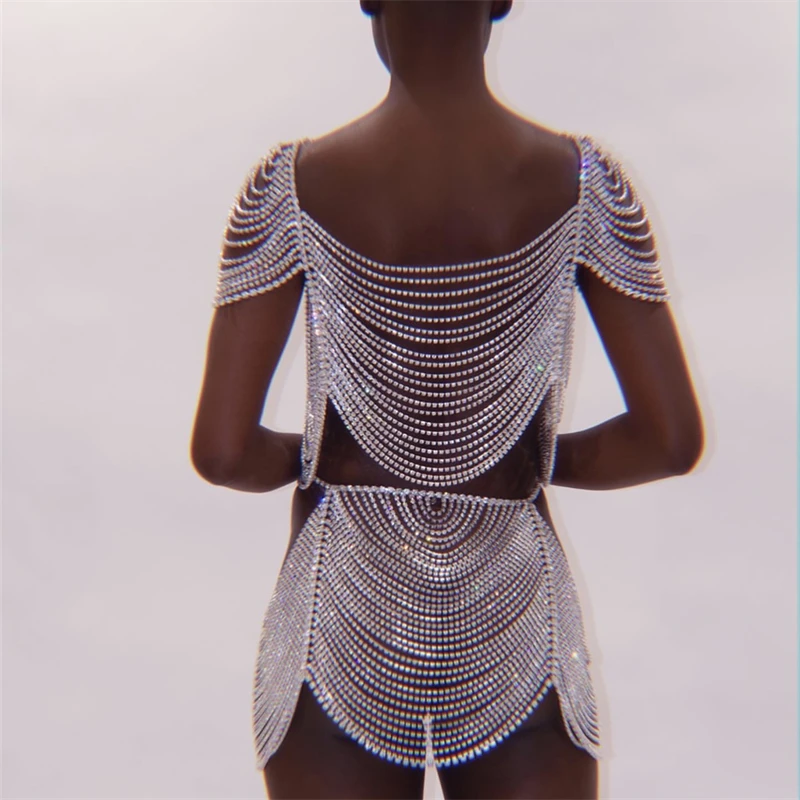 Luxury Full Rhinestone Multilayer Tassel Body Chain Set Sexy Bikini European and American Fashion Breast Chain Short Skirt