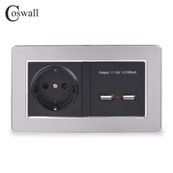 COSWALL Wall Socket EU Standard Power Outlet With Dual USB Smart Induction Charge Port For Mobile 5V 2.1A Stainless Steel Panel