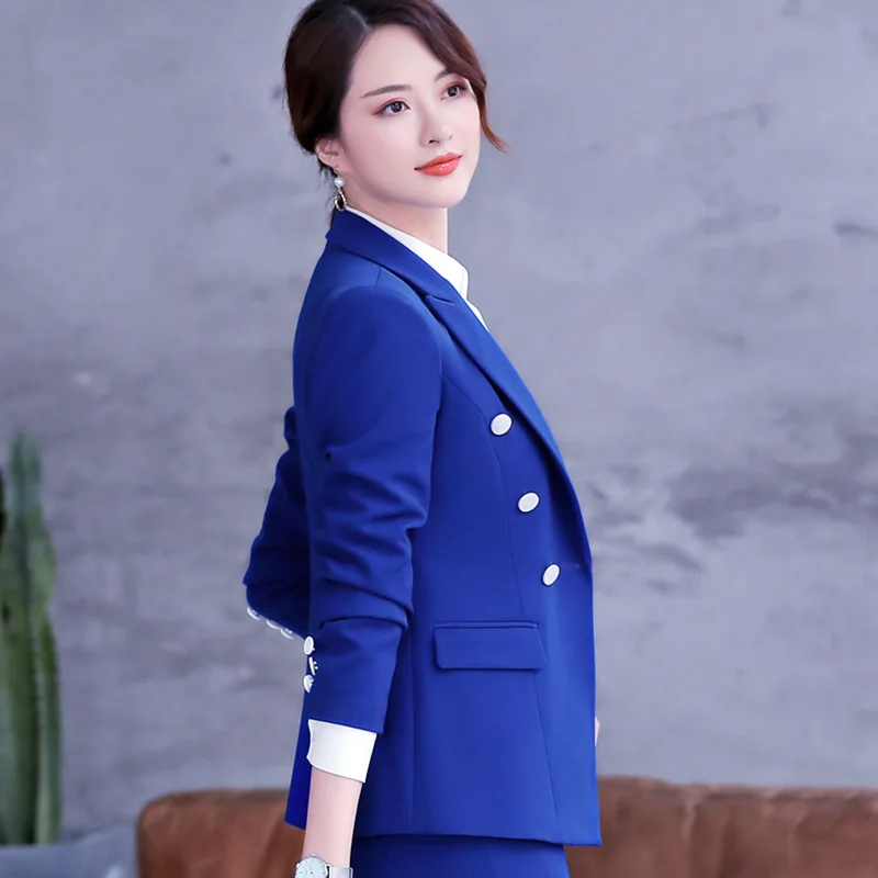 Lenshin Royal Blue Professional Business Jacket for Women Work Wear Office Lady Elegant Female Double Breasted Blazer Coat Top