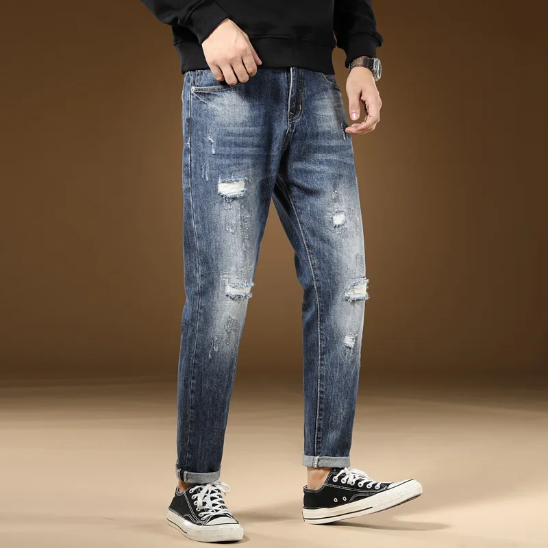 Men's Jeans Korean Version Of The Trend Of Slim Tight Small Foot Hole Street Style Casual Simple Joker Waist Nine Minute Pants