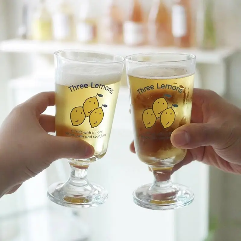 290ml Cute Lemon Printed Glass Cup Korean Ins Transparent Coffee Cup Goblet Ice Cream Dessert Cup Milk Juice Cup Beer Glasses