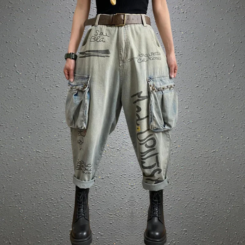 

Letter print hole jeans female new high waist casual pants harem pants