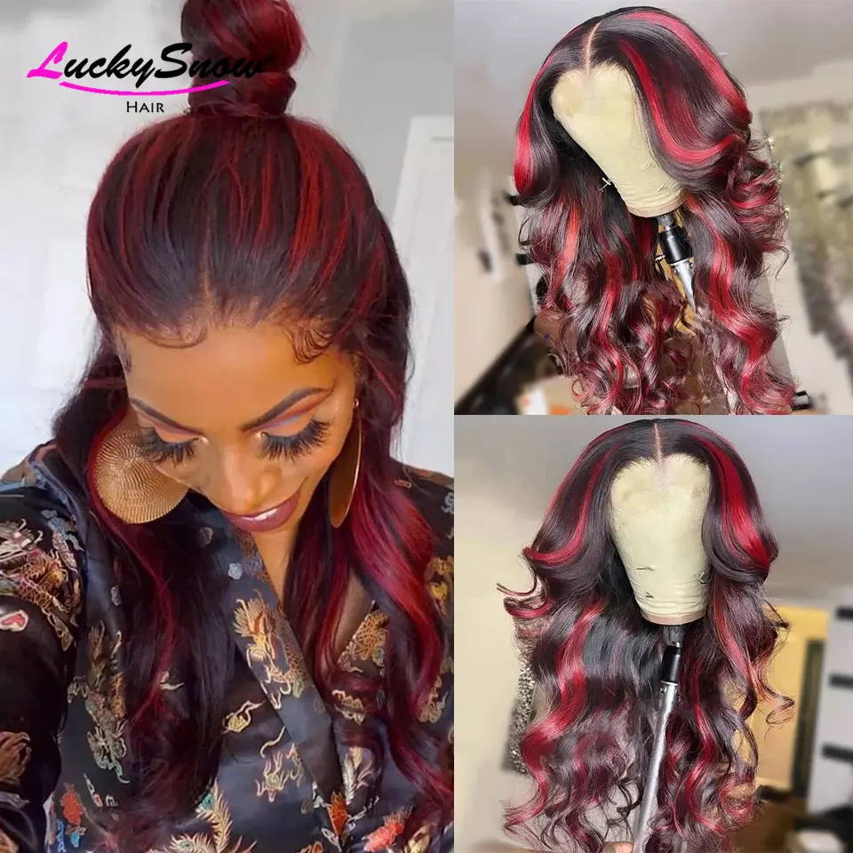 

Highlight Red Black Body Wave Brazilian Colored Human Hair Wig Cosplay For Women Transparent 13x4 Lace Frontal Wigs Wear And Go