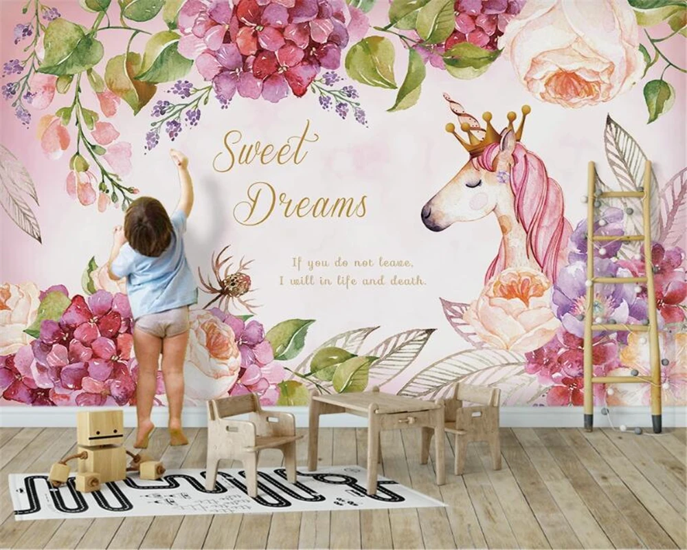 Custom wallpaper pink unicorn flower background wall children's cartoon decoration mural self-adhesive material 3d wallpaper