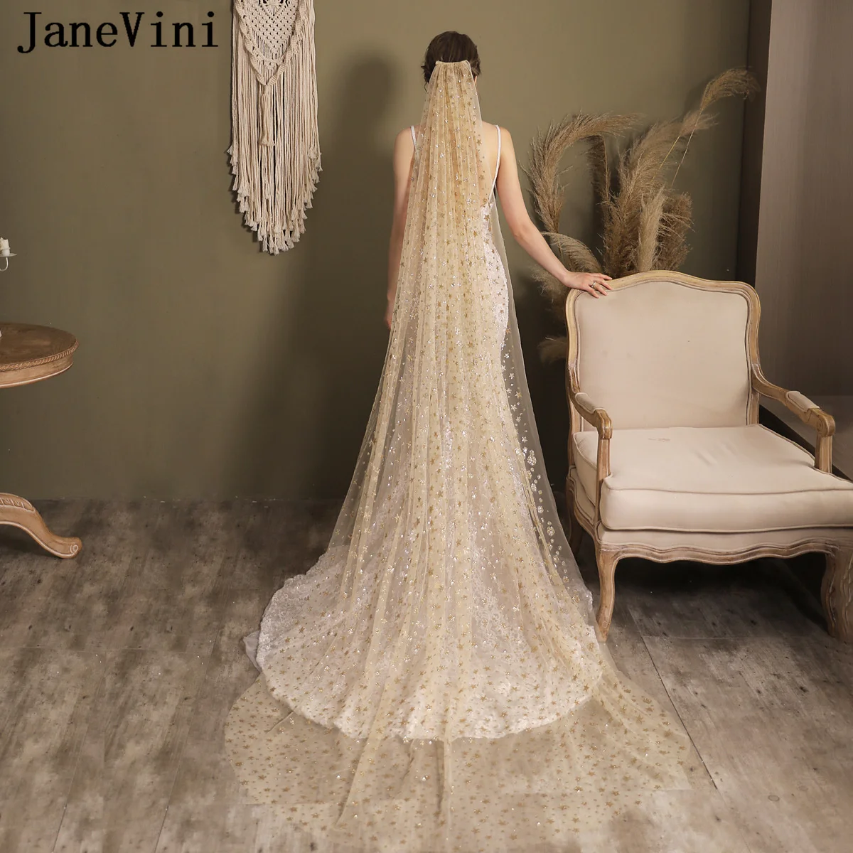 JaneVini Luxury Gold Stars Wedding Veils Hair Accessories Bridal Veil with Comb Long Chapel Bride Veil One Layer 2.3 Meters