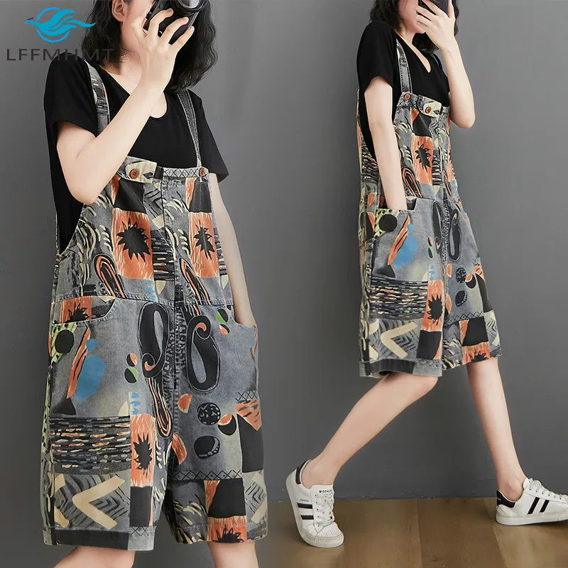 6051 Women Summer Fashion Korean Thin Denim Shorts Student Casual Large Loose Vintage Print Suspender Playsuit Female Streetwear