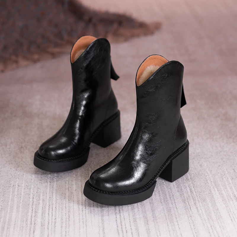 2022 Winter New Women Boots Women Shoes Round Toe Square Heel Real Wool Thick Heel Short Boots Solid Color Womens Platform Heels