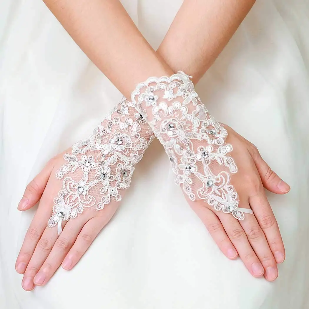 Guantes de encaje de cristal para boda, guantes de flores nupciales para mujer, 2022