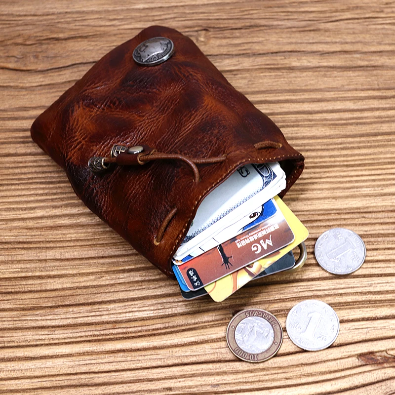 Genuine Leather Coin Purse For Women Men Vintage Handmade Small Drawstring Pocket Storage Bag With Keyring Card Holder Case Male