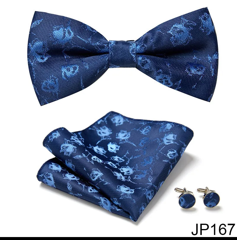 Great Quality Silver Office Butterfly Hanky Cufflink Set Bowtie For Men Geometric Hombre Formal Clothing