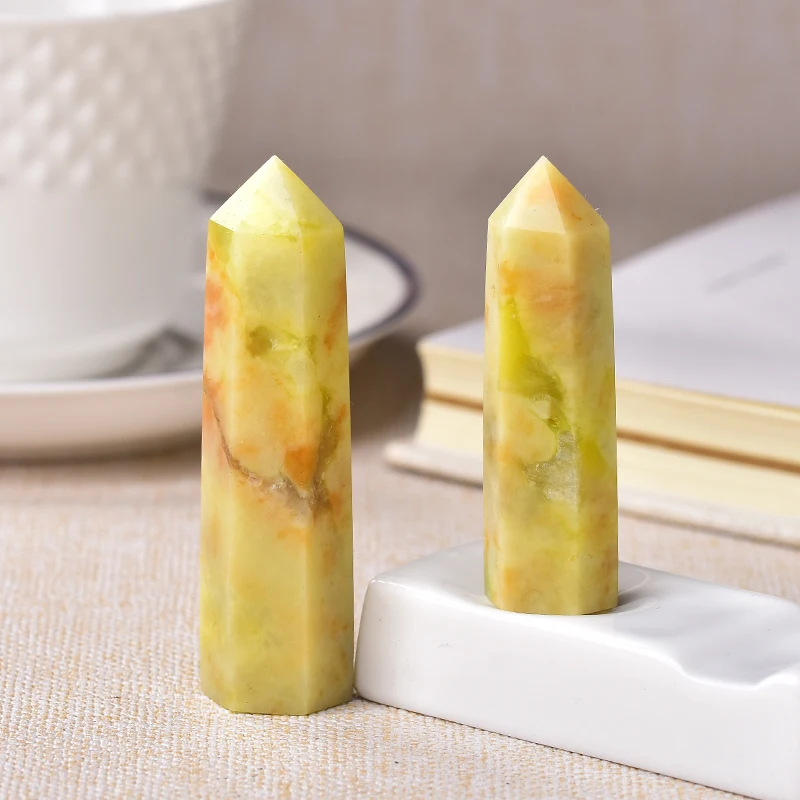 1pc Natural Crystal Point Flower Jade Healing Obelisk Quartz Wand Yellow Ornament for Home Decor Reiki Energy Stone Pyramid gift