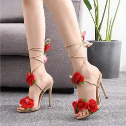 Women's Sandals 2021 New Flowers Sandal Red Rose Flower Cross-tie High-heeled Shoes Sexy Lady High Heels Sandals Women