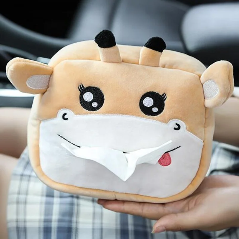 Cute Cartoon Car Tissue Box Plush Napkin Holder Universal Auto Home Room Paper Case Animal Decoration Bracket