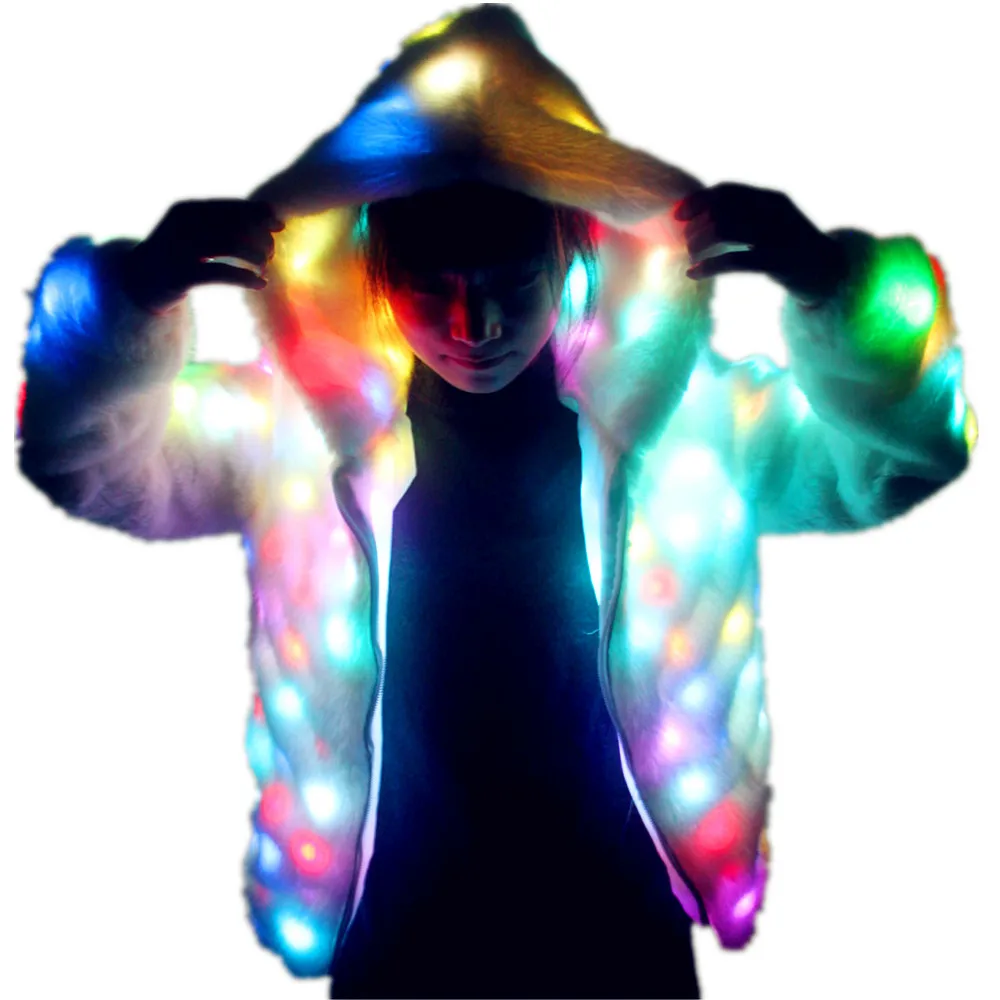 LED Luminous Faux Fur Coat Lady Bar Dance Show Nightclub Clothes, LED DJ Costumes. Christmas, Halloween Party, Cospaly Suit