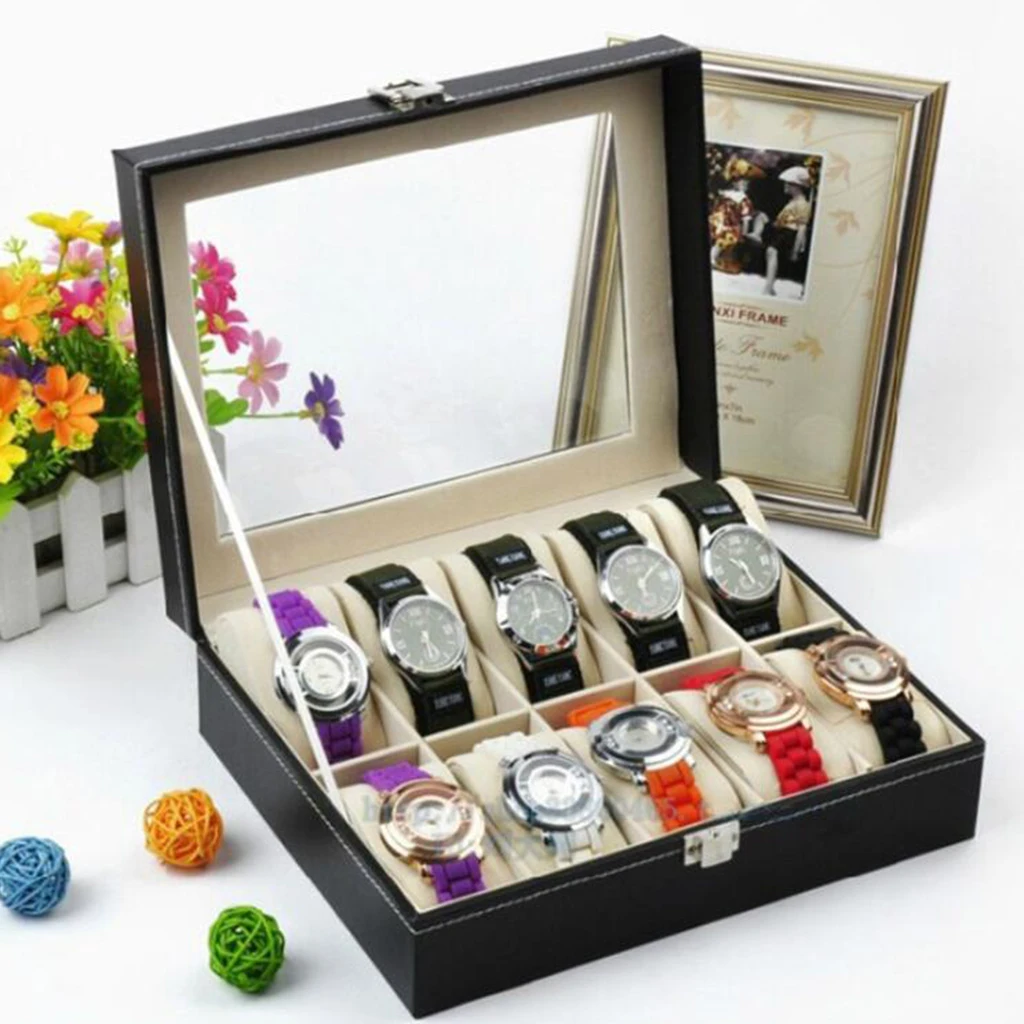 10 Slots Watch Box PU Leather Luxury Watch Case Holder Organizer Storage Box For Watches Men Glass Top Watch Organizer Jewelry