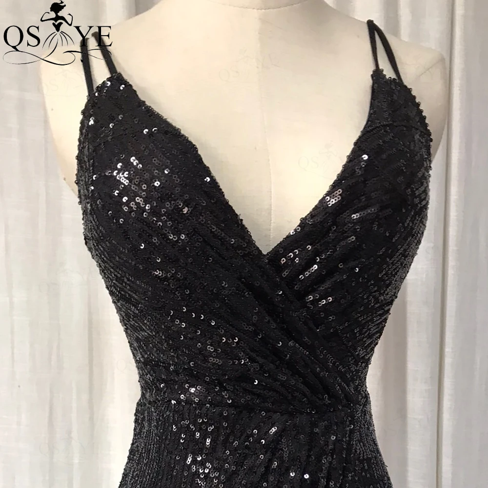 Sexy Black Sequin Evening Dresses Open Split Deep V Neck Prom Gown Shoulder Straps Party Formal Dancer Black Prom Dress Chic