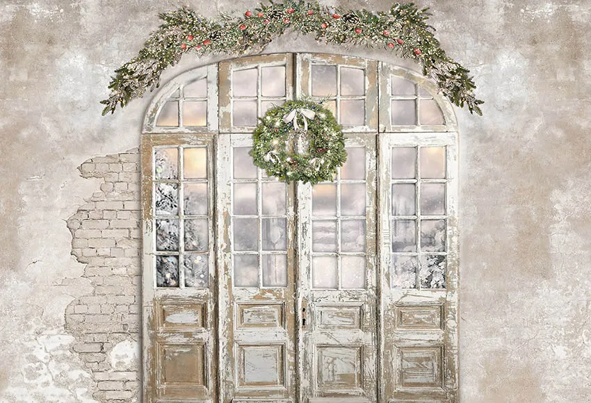 Christmas Background For Photography Decoration Old Cement Brick Wall Wooden Door Wreath Child Backdrop Photo Studio Photozone