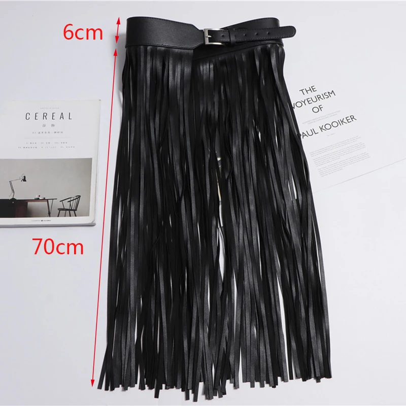 Punk Style Women PU Leather Belt Maxi Skirts Long Tassel Brief Corset Trendy Bondage Black Waist Belt Decoration Club Streetwear