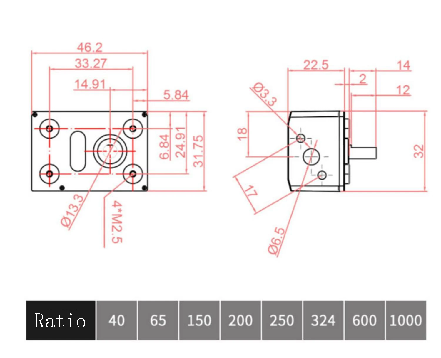 Reductor de Motor de CC pequeño de Metal 4632, reductor de engranaje helicoidal, relación de caja de cambios de Motor eléctrico de CC 40/65/150/200/250/324/600/1000
