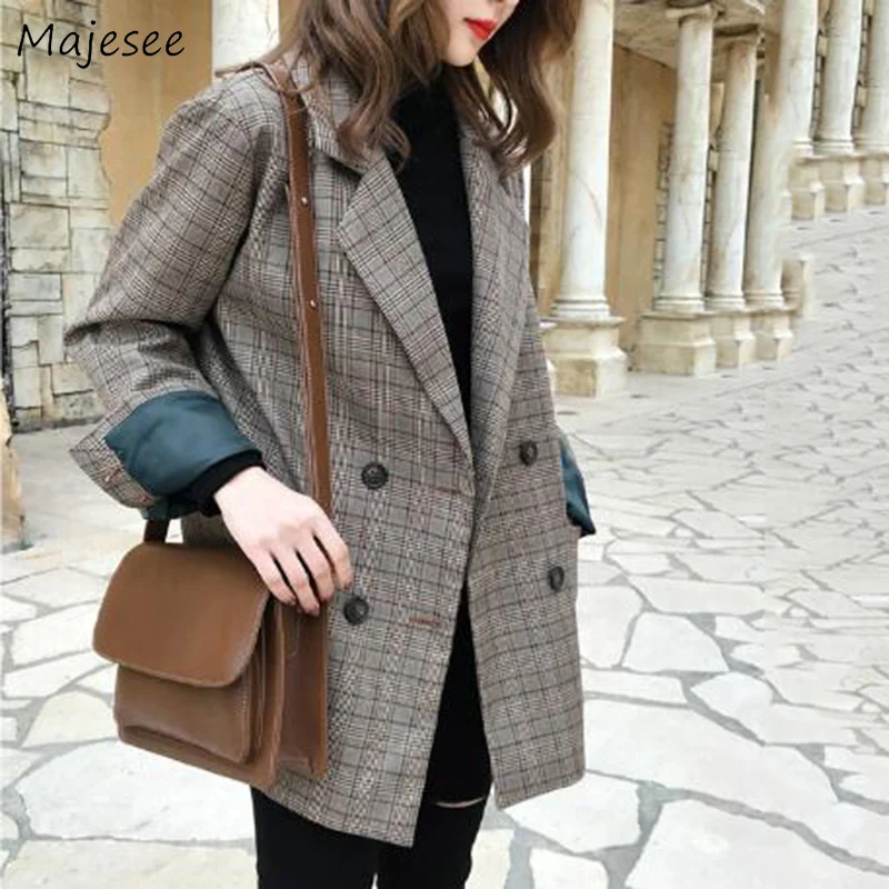 Blazers Women Plaid Simple Loose Elegant Womens Coat All-match Workwear Harajuku Korean Style Ulzzang Females Fashion Chic Daily