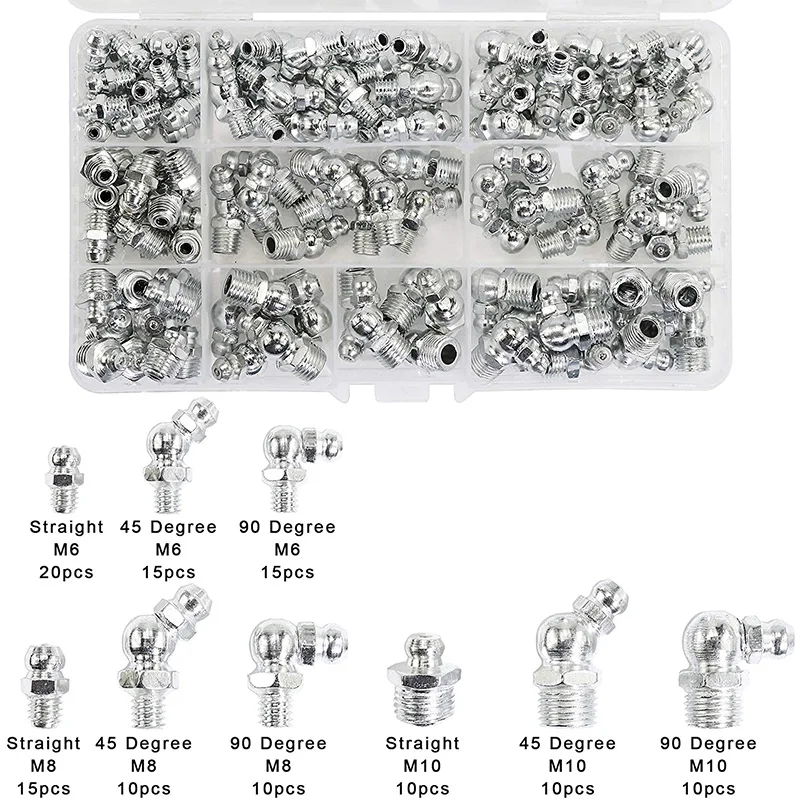 115Pcs Steel Zerk Grease Nipple Fittings Assortment Kit ,Straight, 90-Degree, 45-Degree Angled(M6,M8,M10)