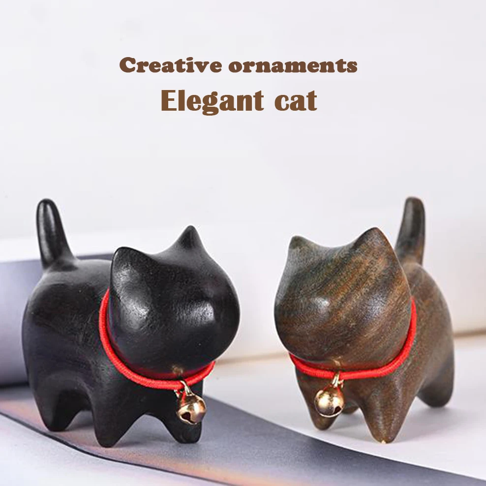 2PCS Ebony Carved Bell Kitten Green Sandalwood Cute Cat Handle Play Piece Pen Holder Home Decor Ornaments Woodcarving Animal