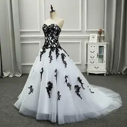 White and Black A Line Wedding Dresses Strapless Sleeveless Applique Floor Length Bridal Gown Court Train Zipper Back