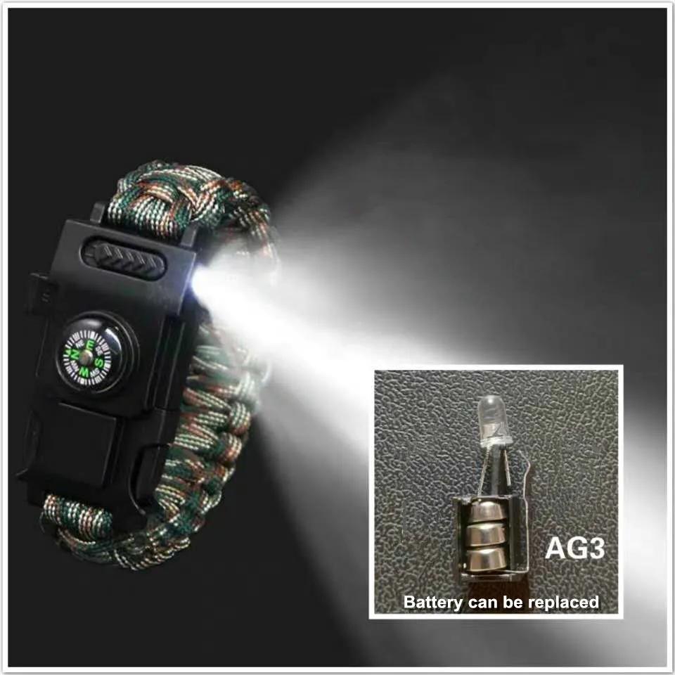 

Outdoor Paracord bracelet Multifunction Military Emergency Camping Rescue EDC Tools Escape Tactics Wrist Strap with Led Lights